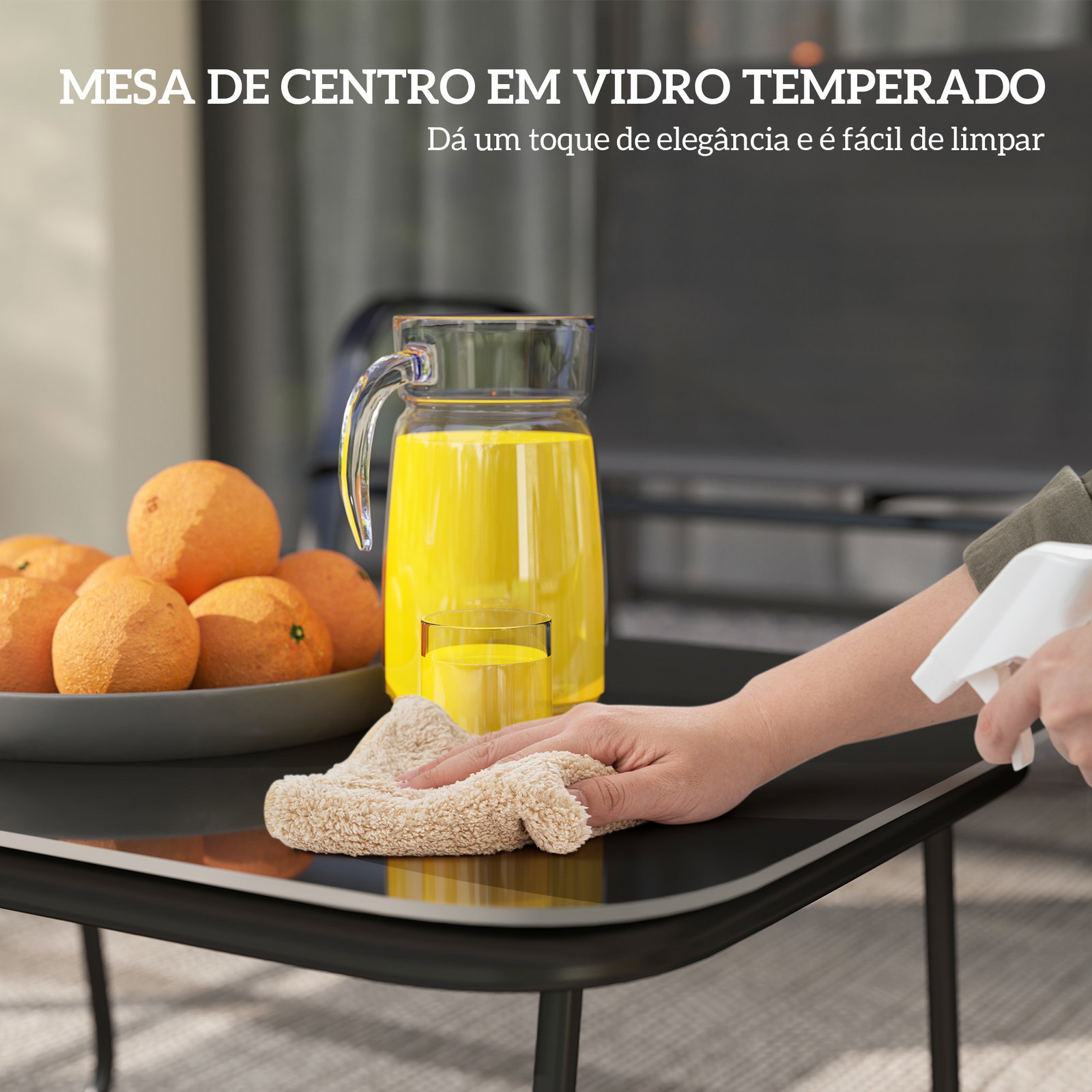 Conjunto de jardim exterior 4 peças com 2 cadeiras empilháveis 1 sofá de 2 lugares e mesa de centro com bancada de vidro temperado preto