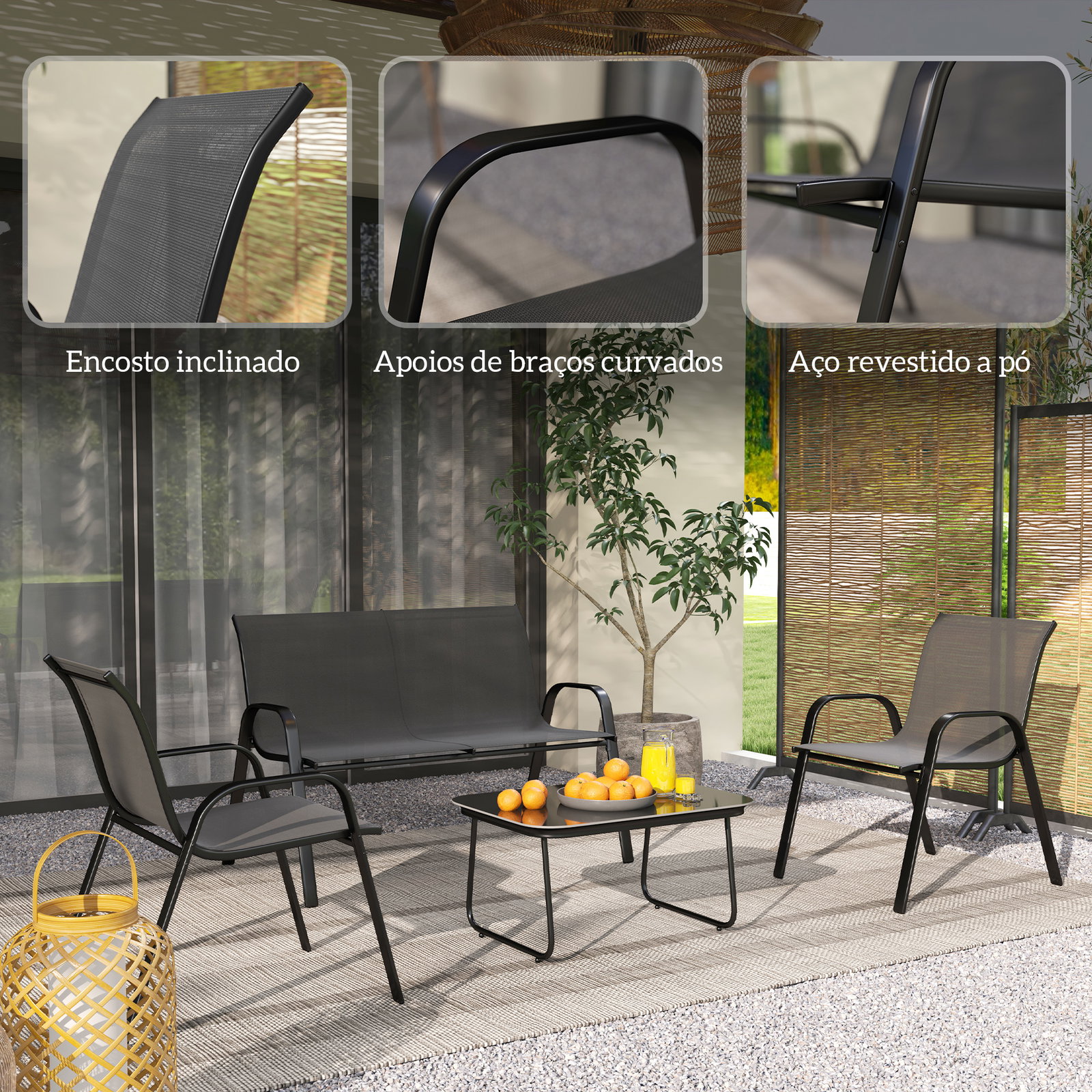 Conjunto de jardim exterior 4 peças com 2 cadeiras empilháveis 1 sofá de 2 lugares e mesa de centro com bancada de vidro temperado preto