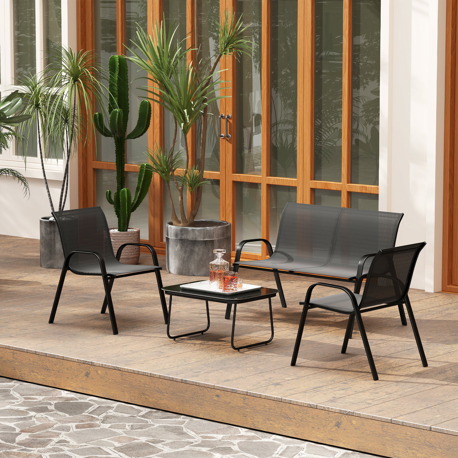 Conjunto de jardim exterior 4 peças com 2 cadeiras empilháveis 1 sofá de 2 lugares e mesa de centro com bancada de vidro temperado preto