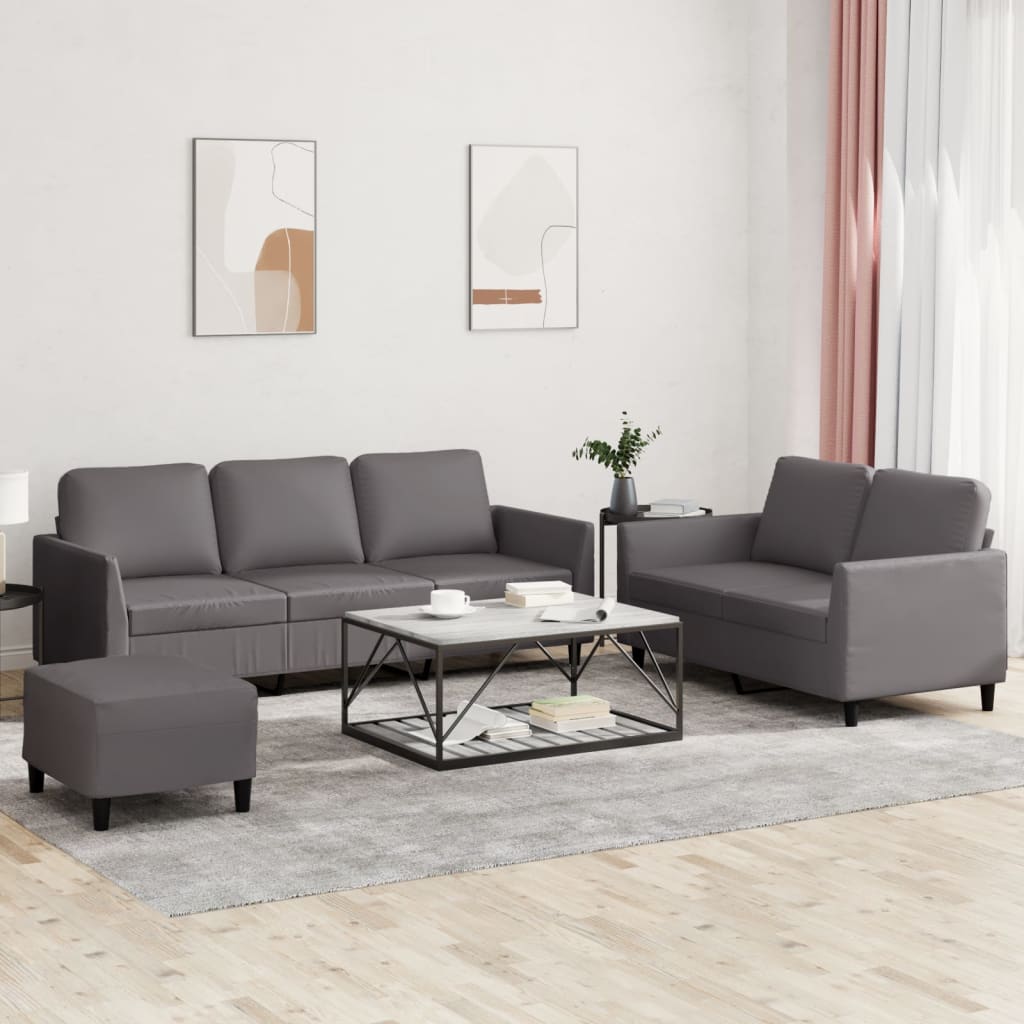 3 Pcs conjunto de sofás c/ almofadões couro artificial cinzento