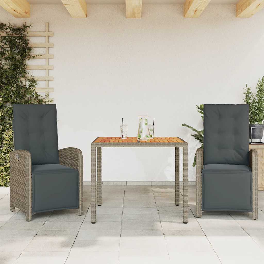 3 Pcs conjunto bistrô com almofadões vime PE cinza