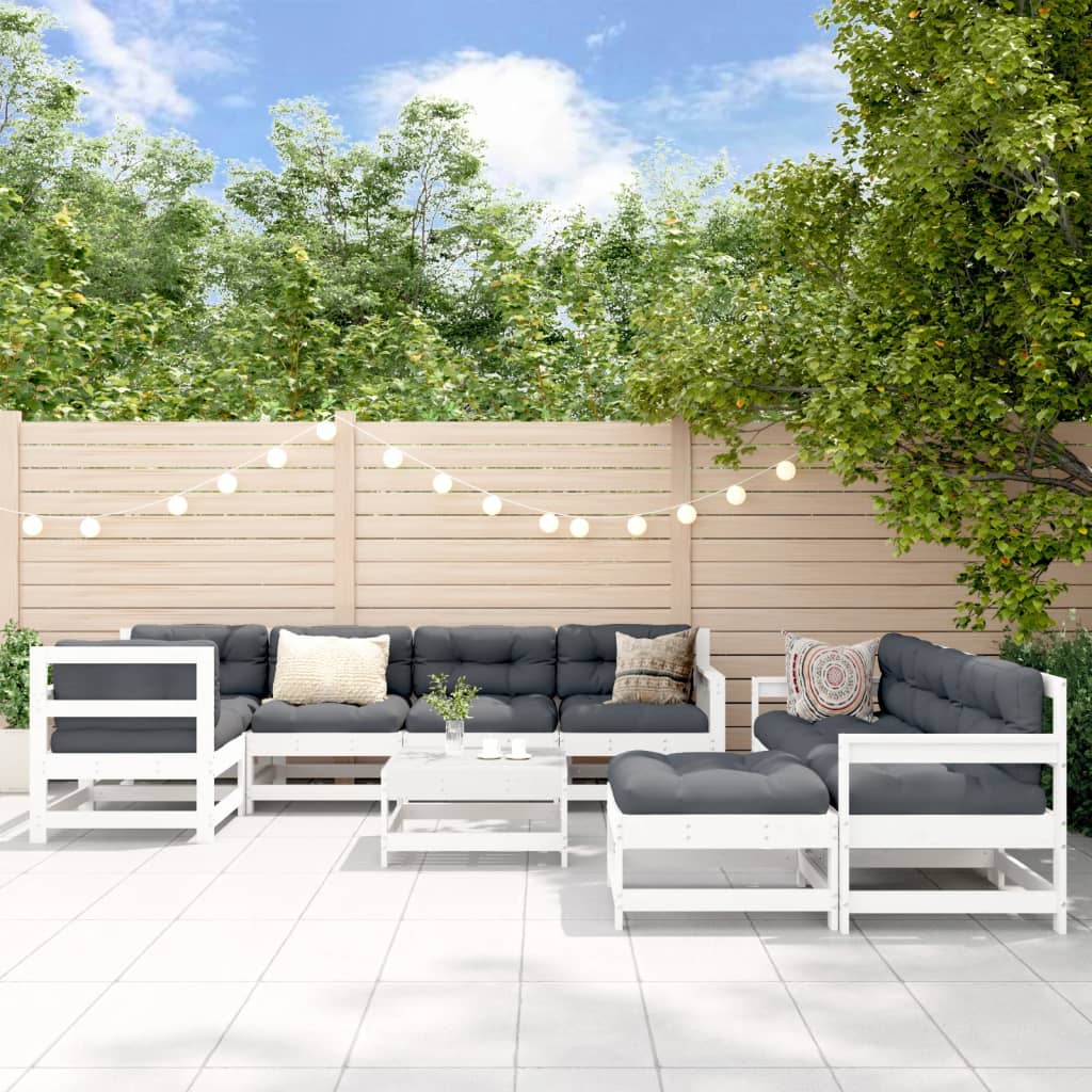 10Pcs conjunto lounge jardim c/almofadões madeira maciça branco