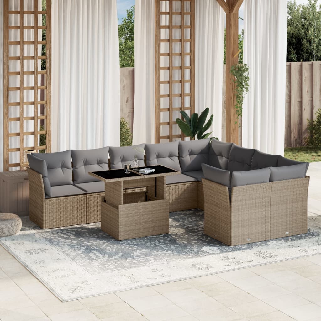 10 Pcs conjunto de sofás p/ jardim com almofadões vime PE bege