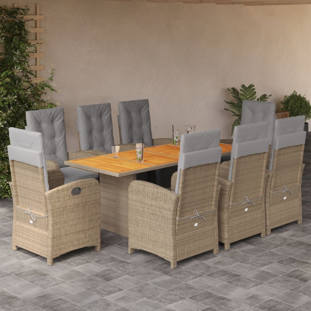 9 Pcs conjunto de jantar p/ jardim com almofadões vime PE bege