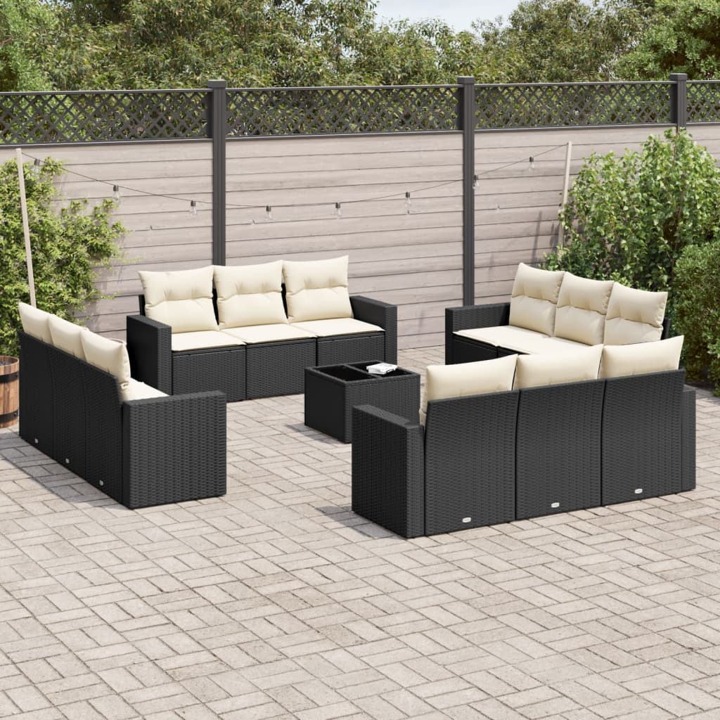 13 Pcs conjunto de sofás de jardim com almofadões vime PE preto