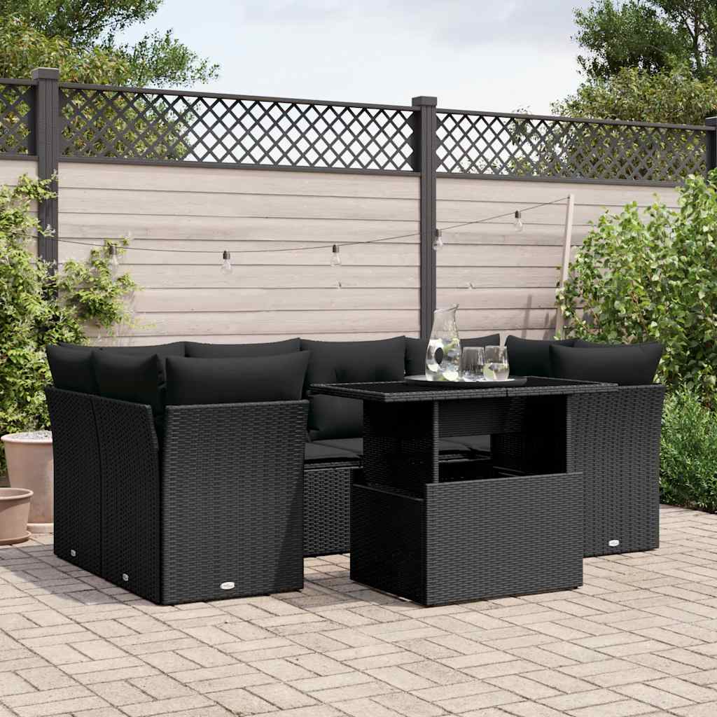 7 Pcs conjunto de sofás p/ jardim c/ almofadões vime PE preto