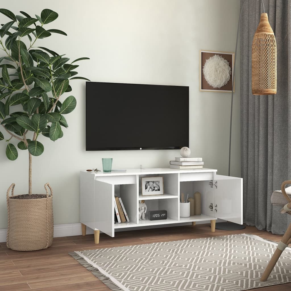 Móvel de TV pernas de madeira 103,5x35x50 cm branco brilhante