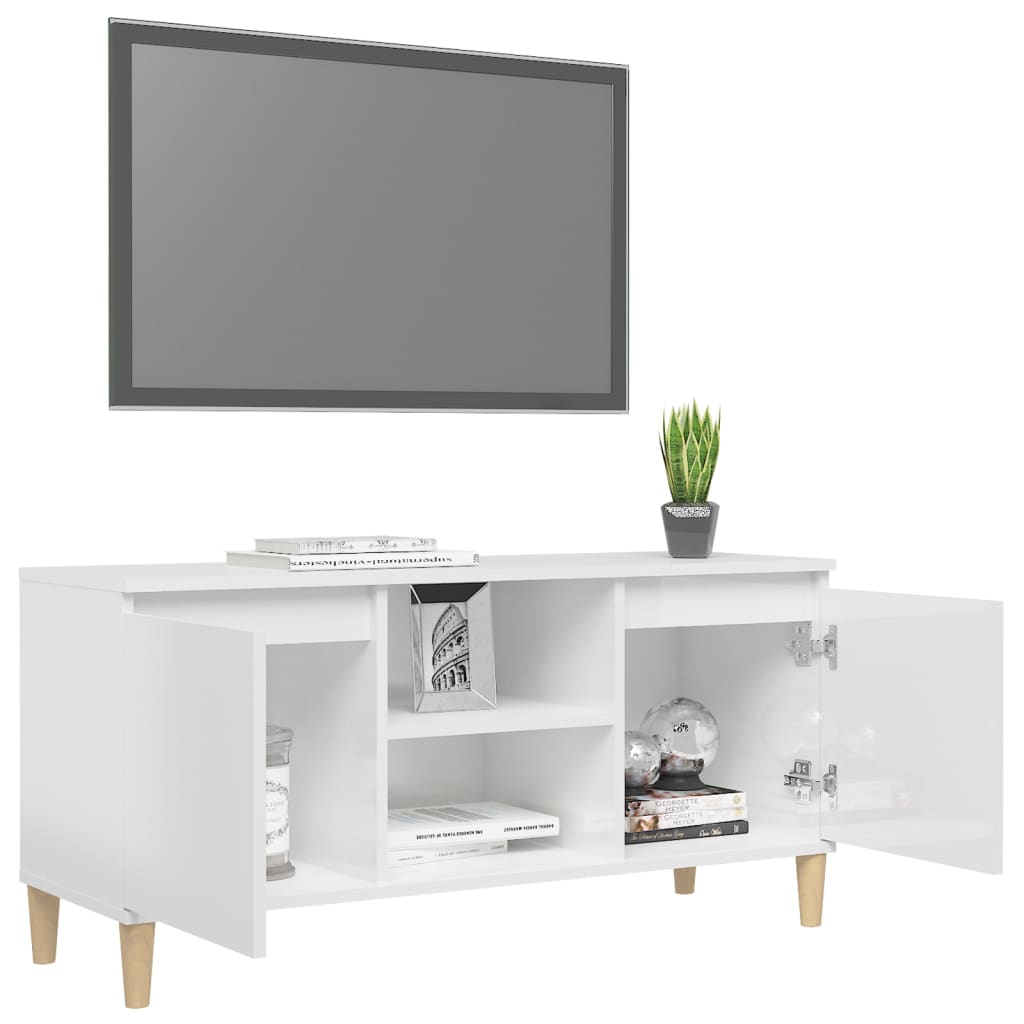 Móvel de TV pernas de madeira 103,5x35x50 cm branco brilhante
