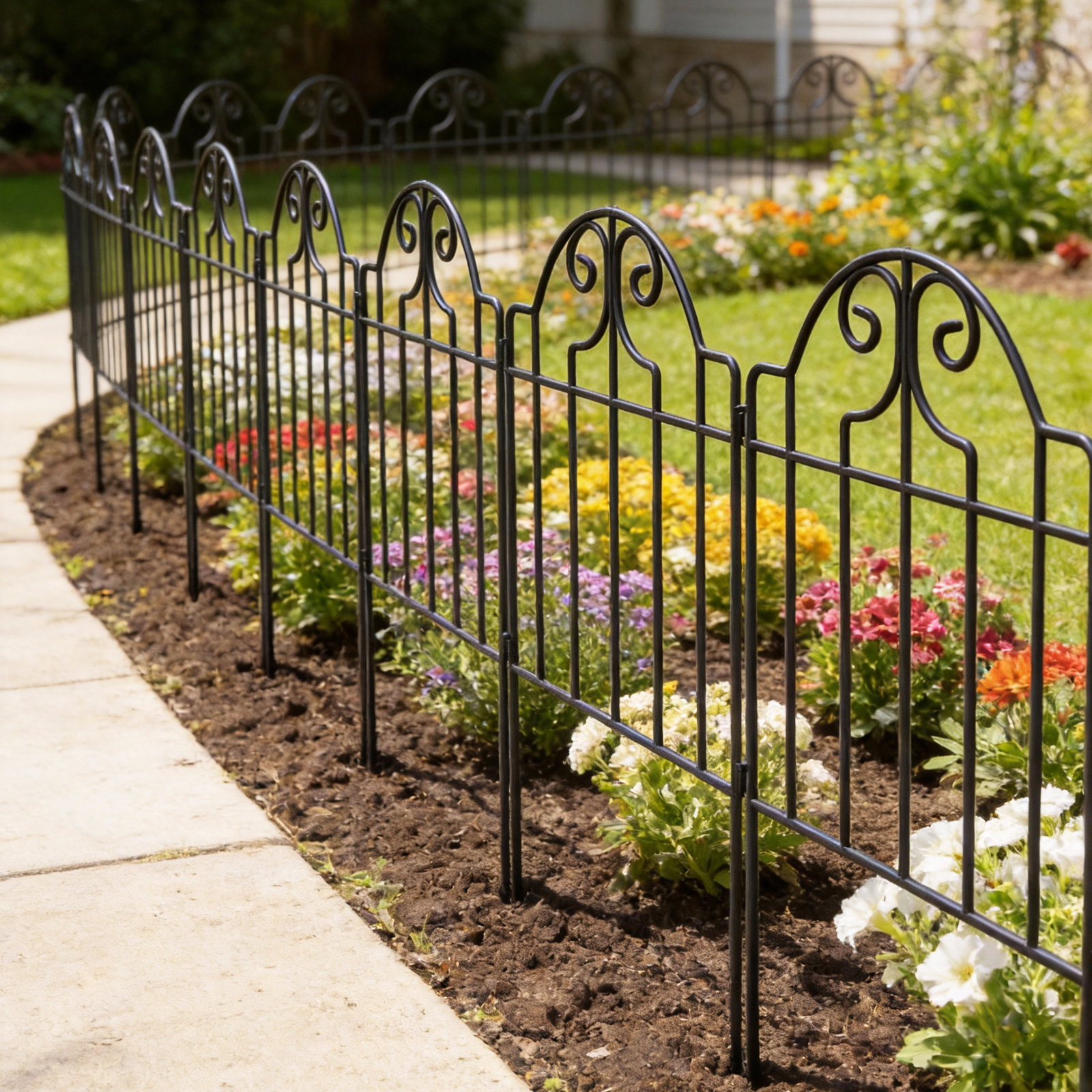 Conjunto de 4 cercas de jardim metálicas 125x57 cm com design arqueado resistente e fácil de instalar para pátio relva preto