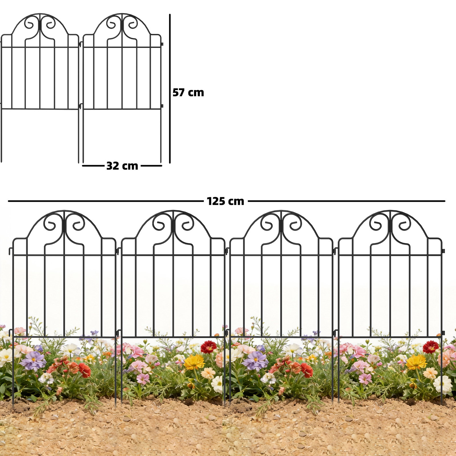 Conjunto de 4 cercas de jardim metálicas 125x57 cm com design arqueado resistente e fácil de instalar para pátio relva preto