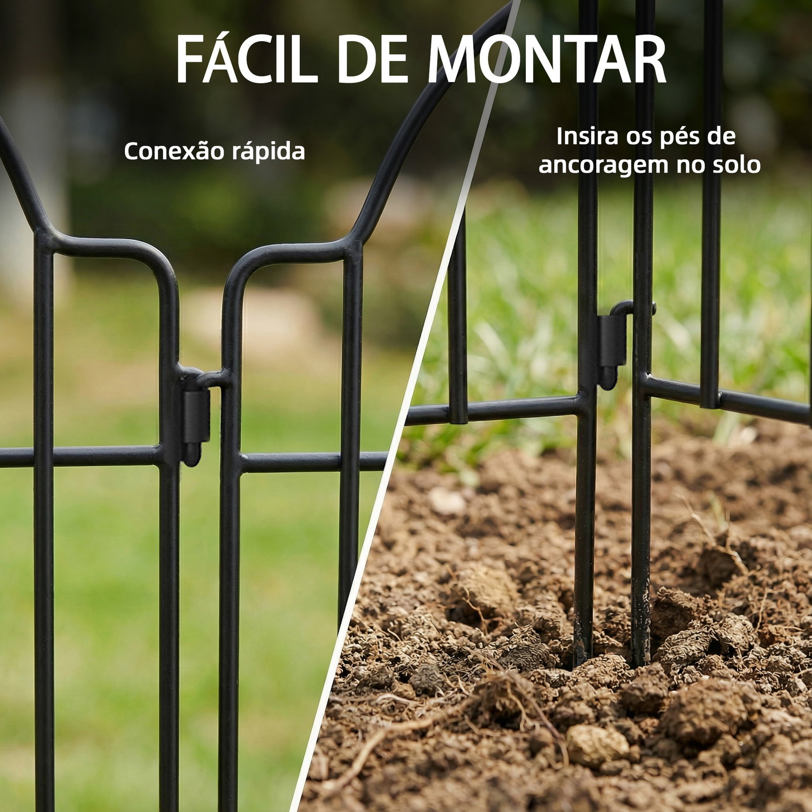 Conjunto de 4 cercas de jardim metálicas 125x57 cm com design arqueado resistente e fácil de instalar para pátio relva preto