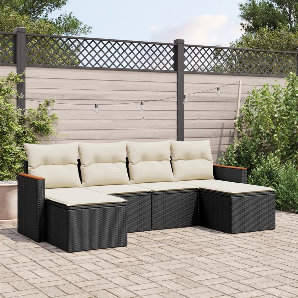 6 Pcs conjunto sofás de jardim c/ almofadões vime PE preto