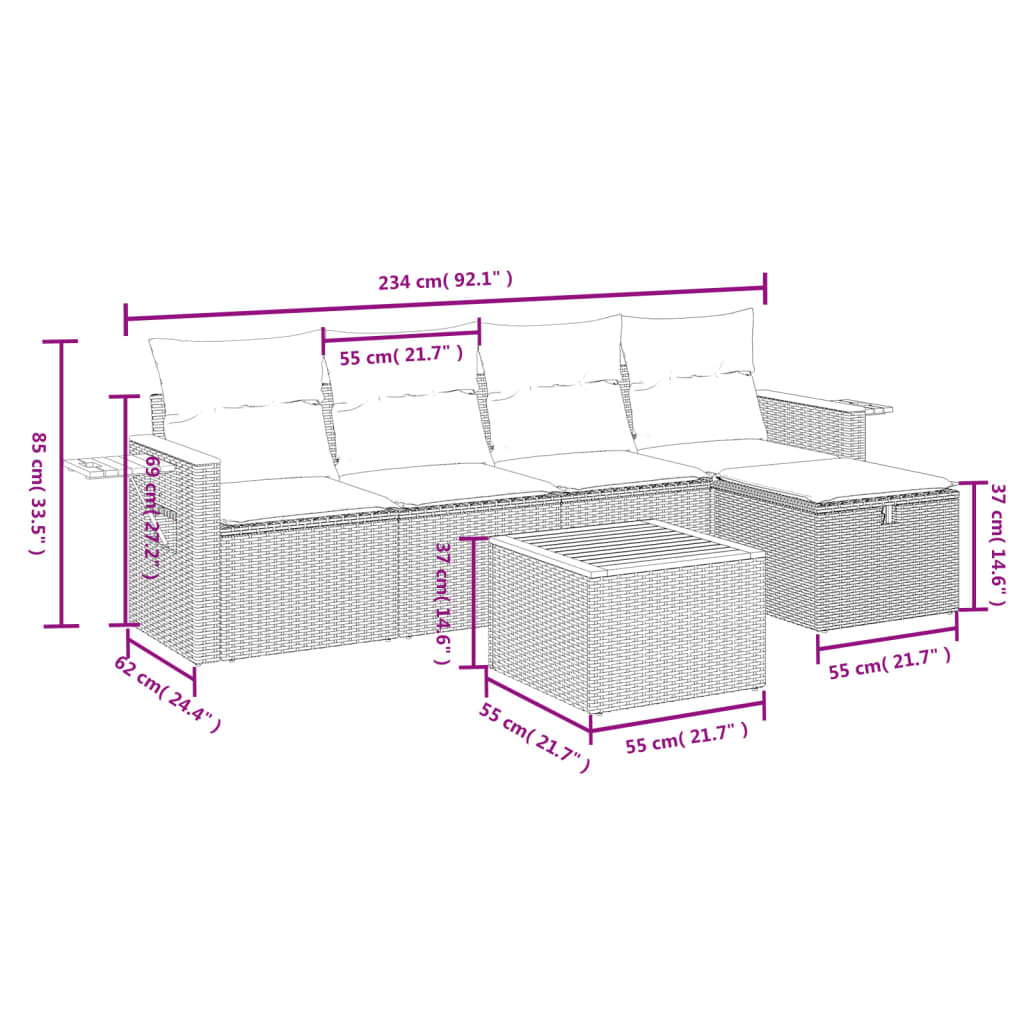 6 Pcs conjunto sofás de jardim c/ almofadões vime PE preto