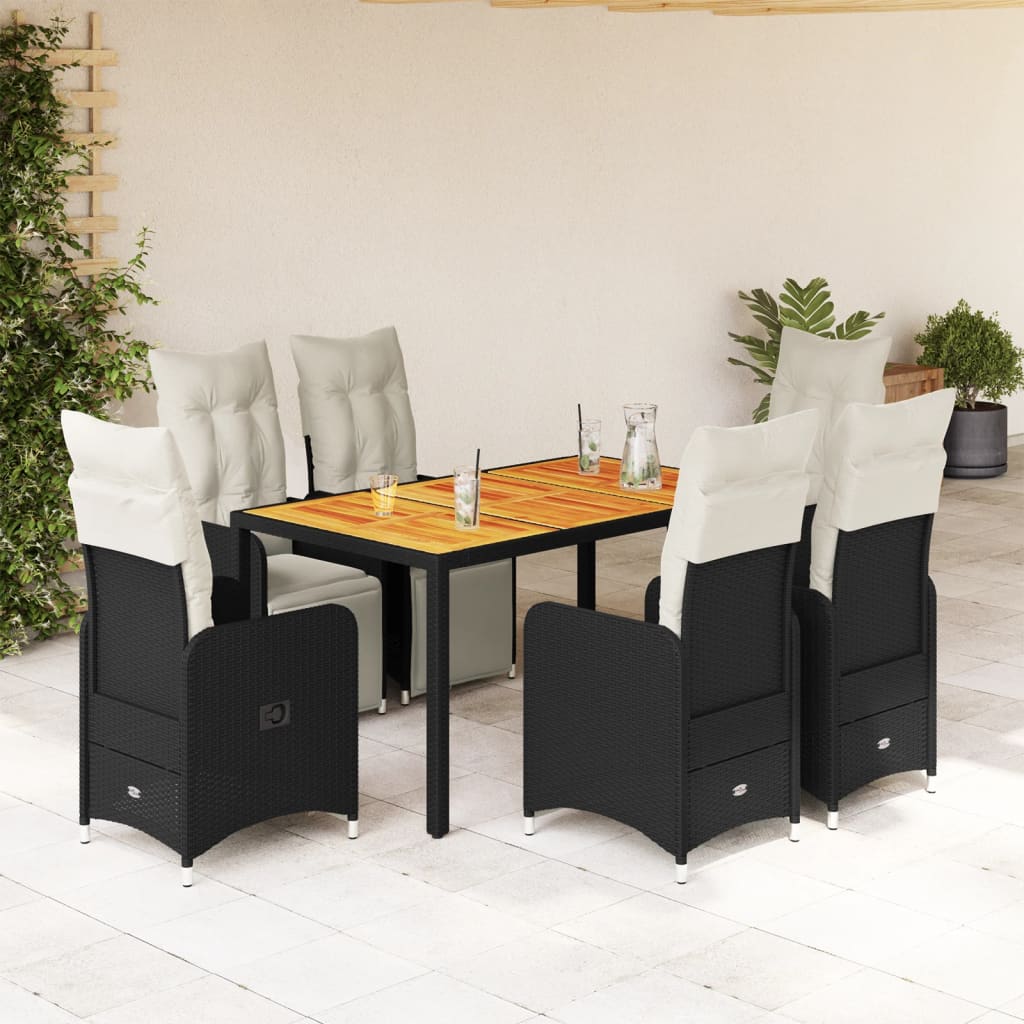 7 Pcs conjunto de bistrô p/ jardim c/ almofadões vime PE preto