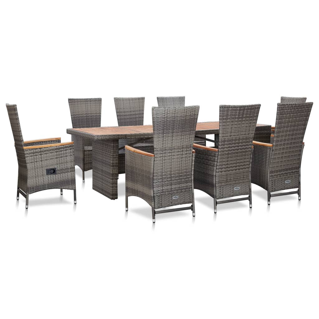 9 Pcs conjunto jantar exterior c/ almofadões vime PE cinzento