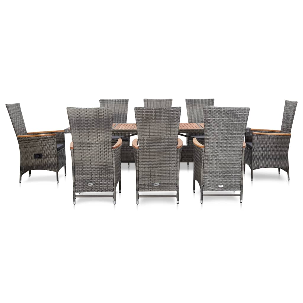 9 Pcs conjunto jantar exterior c/ almofadões vime PE cinzento