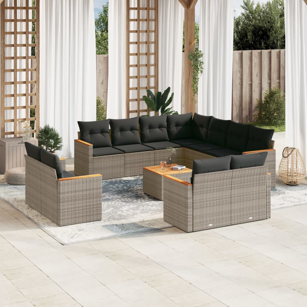 12 Pcs conjunto de sofás jardim c/ almofadões vime PE cinzento
