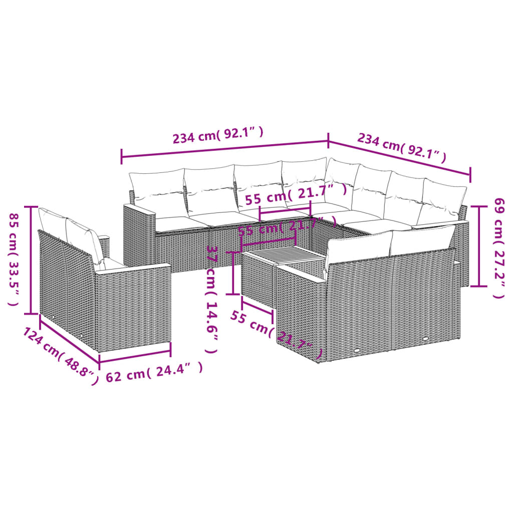 12 Pcs conjunto de sofás jardim c/ almofadões vime PE cinzento