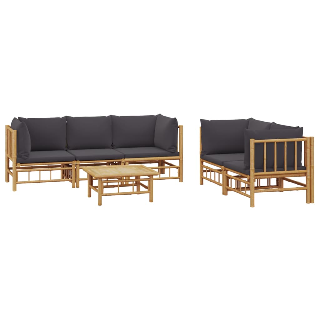 6 Pcs conjunto lounge jardim bambu c/ almofadões cinza-escuro