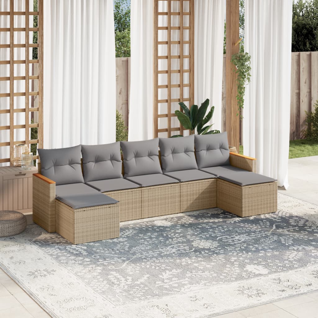 7 Pcs conjunto de sofás p/ jardim com almofadões vime PE bege