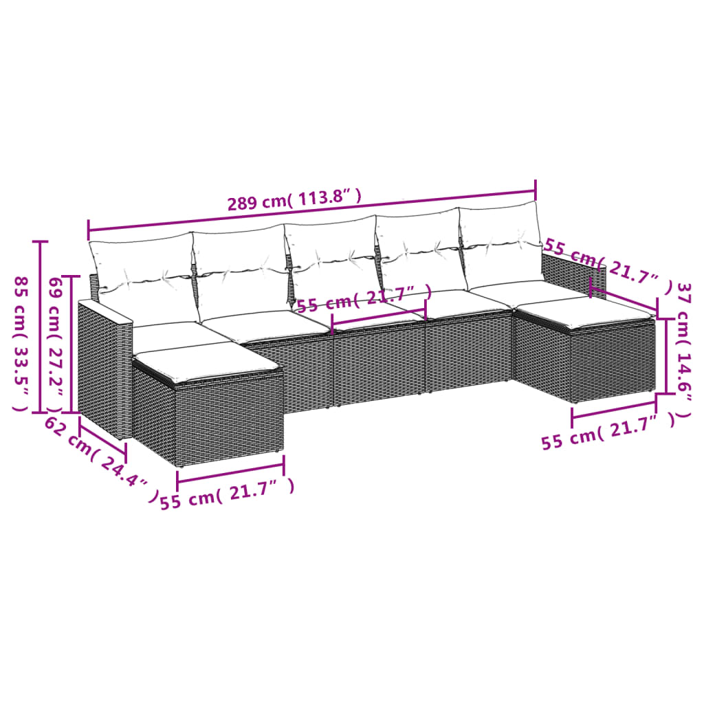 7 Pcs conjunto de sofás p/ jardim com almofadões vime PE bege
