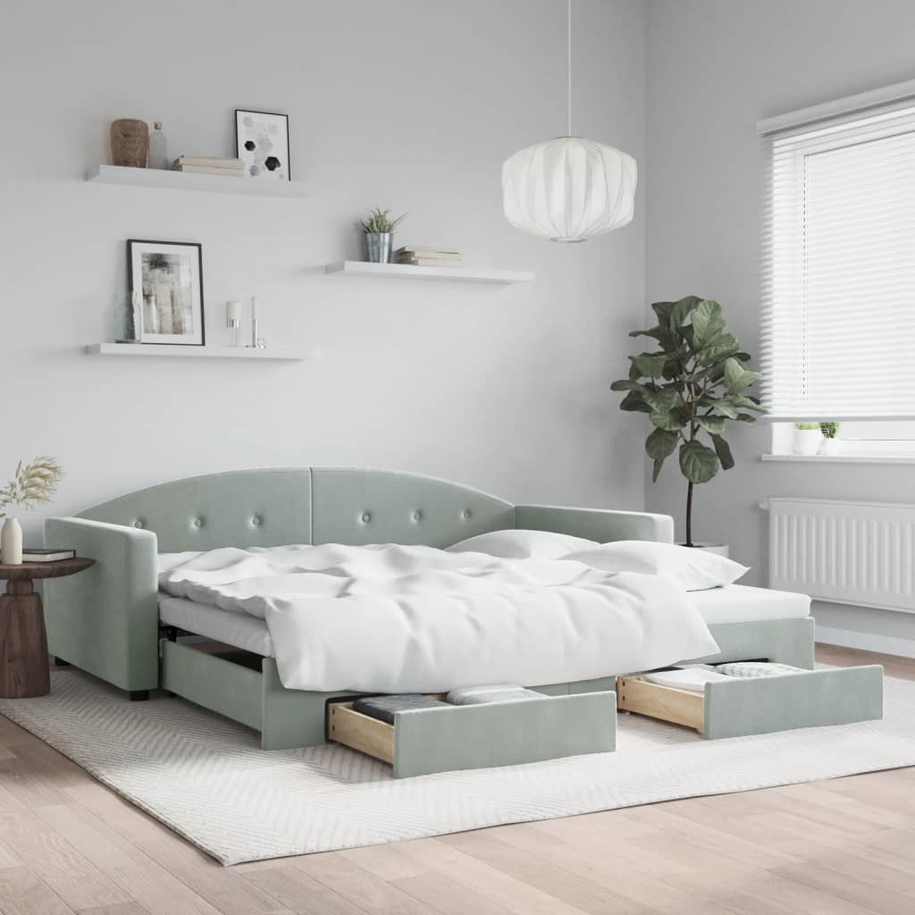 Sofá-cama c/ gavetão e gavetas 100x200 cm veludo cinzento-claro
