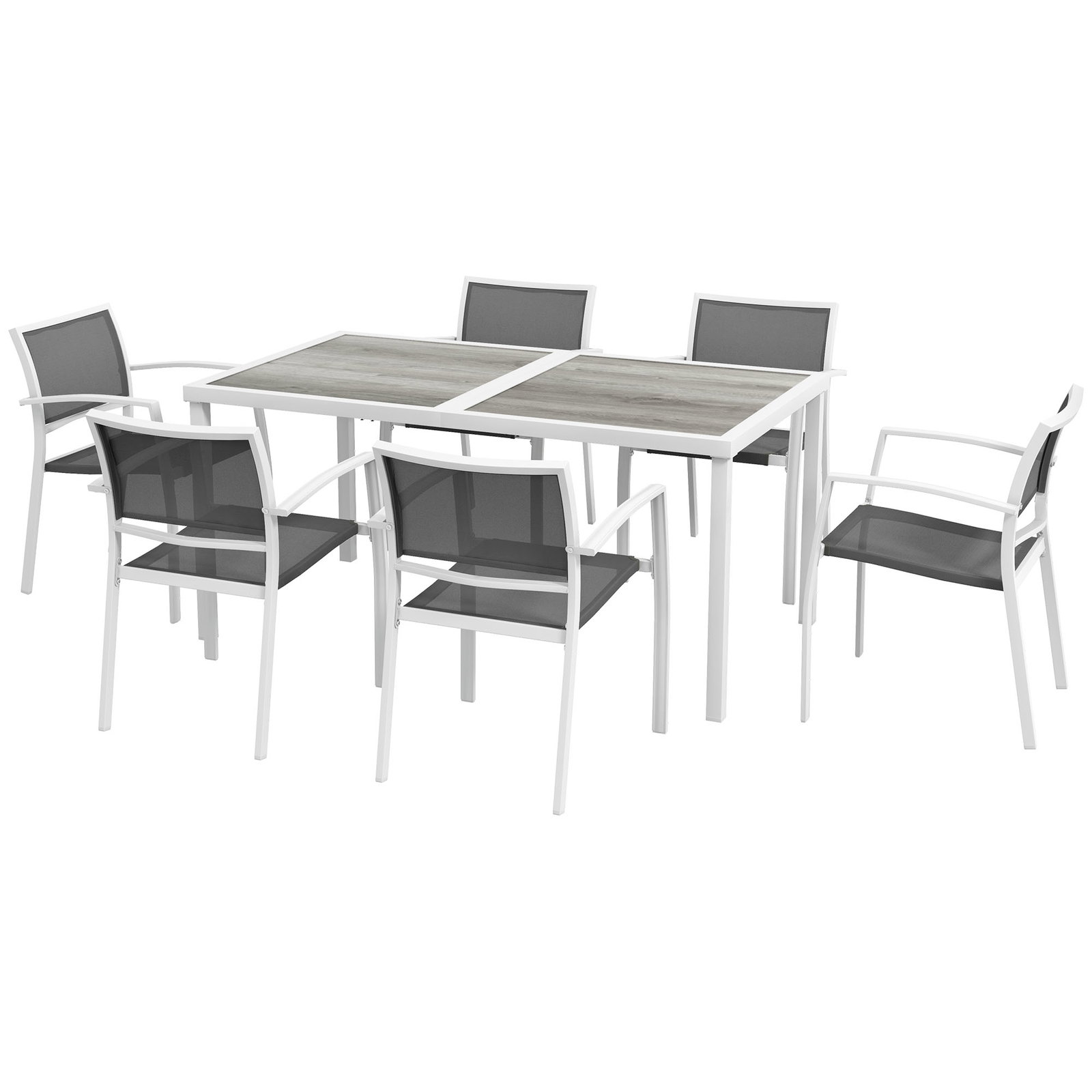 Conjunto de refeição de jardim de 7 peças com 1 mesa e 6 cadeiras empilháveis estilo moderno branco e cinza