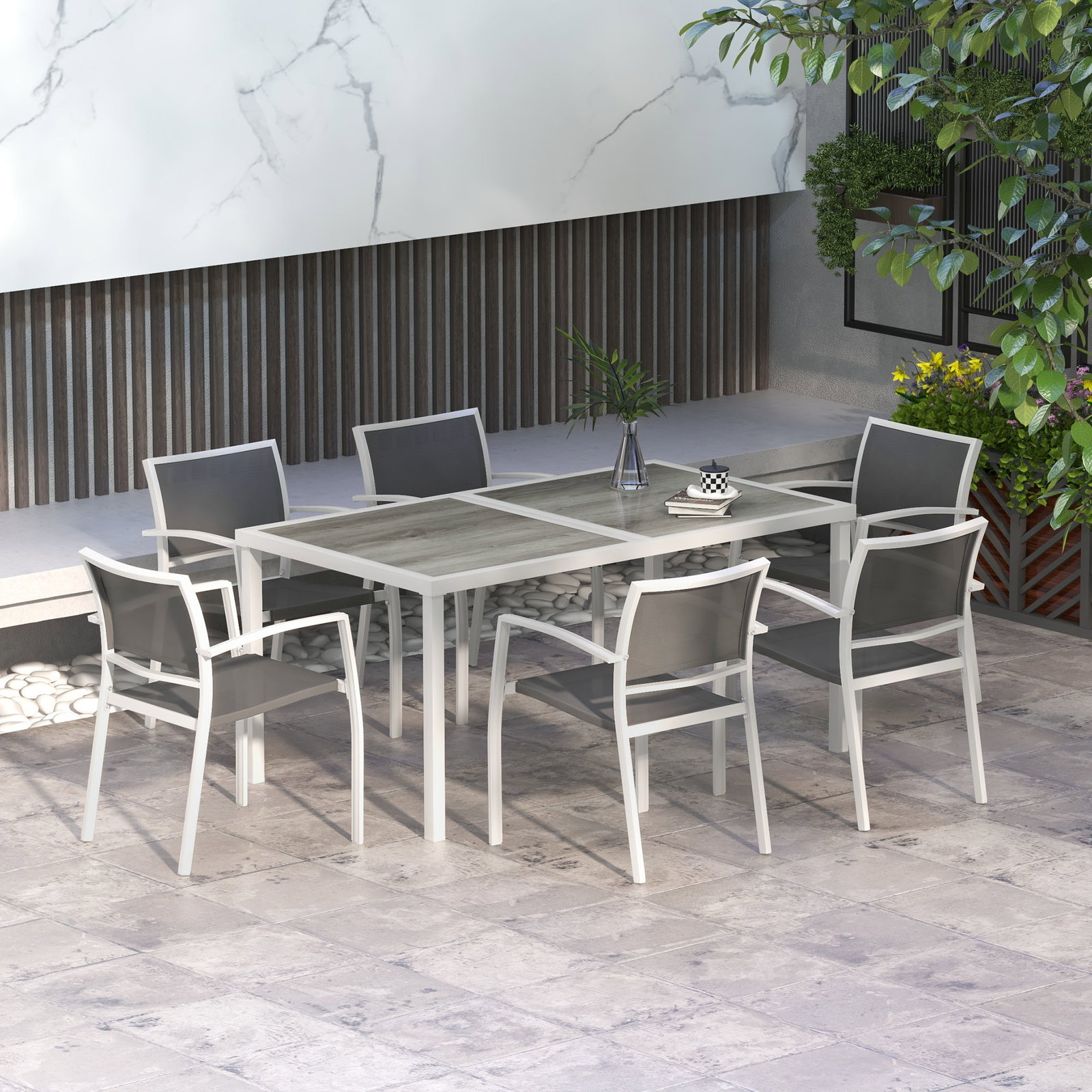Conjunto de refeição de jardim de 7 peças com 1 mesa e 6 cadeiras empilháveis estilo moderno branco e cinza