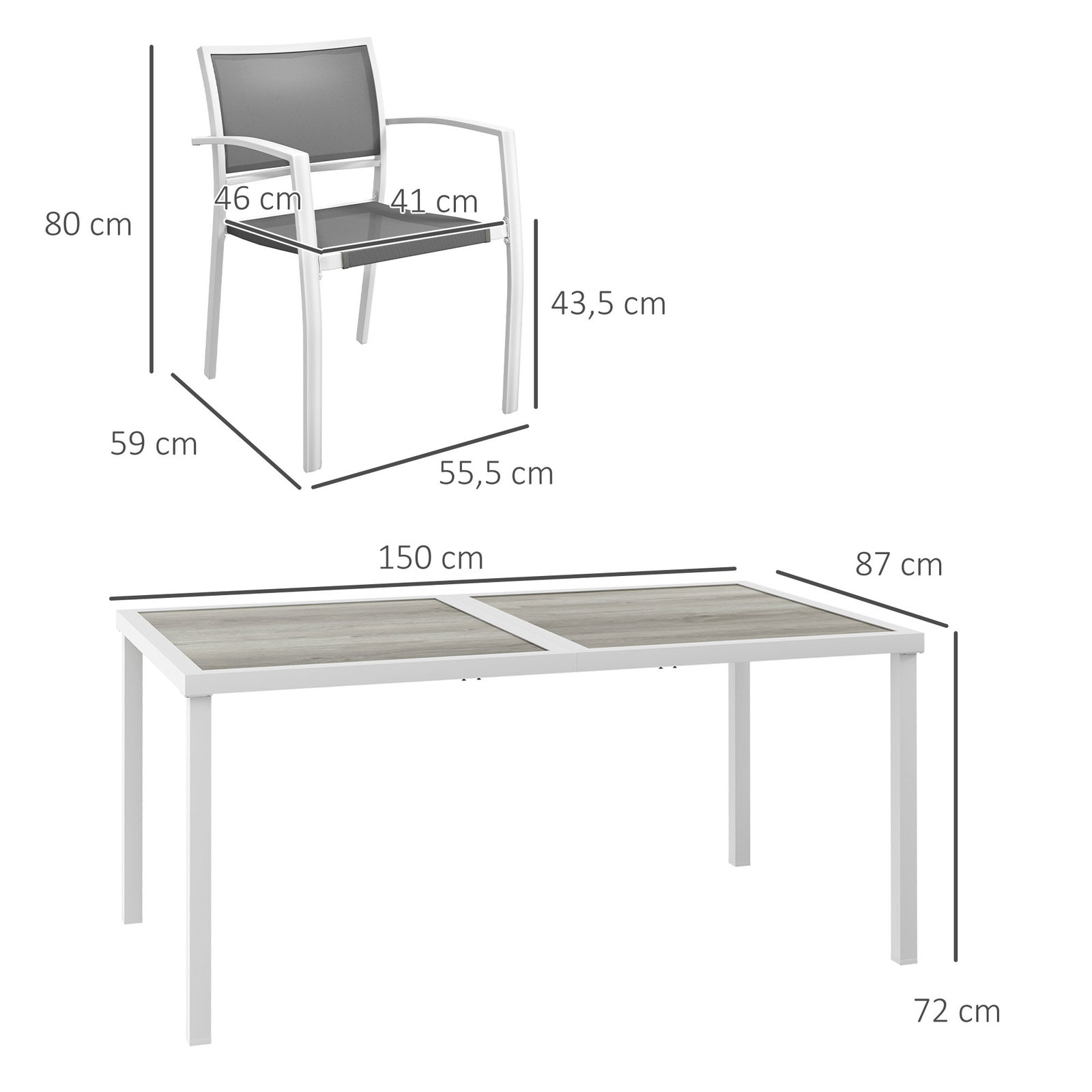 Conjunto de refeição de jardim de 7 peças com 1 mesa e 6 cadeiras empilháveis estilo moderno branco e cinza