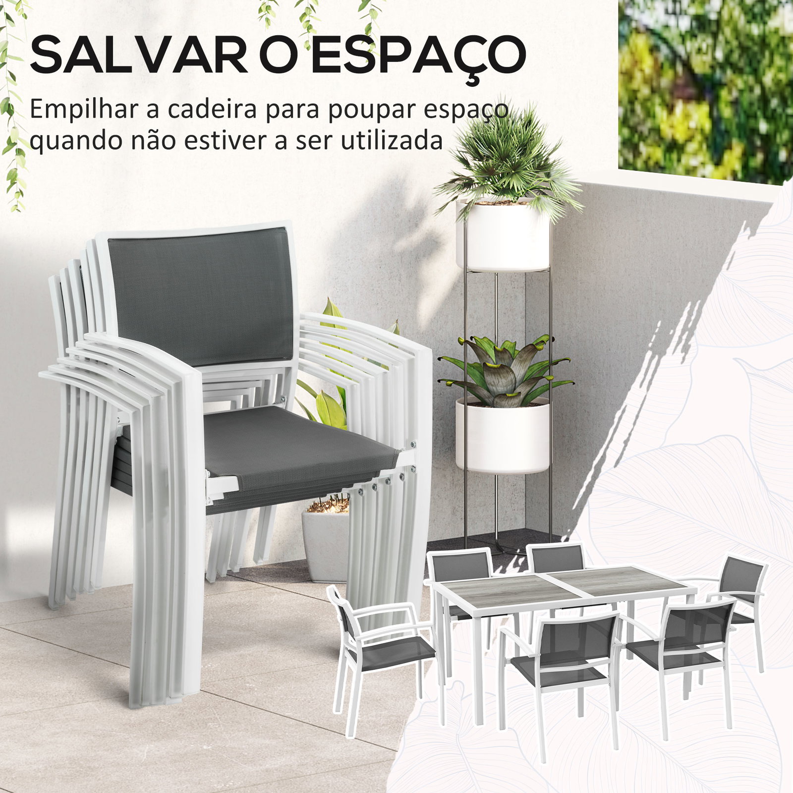 Conjunto de refeição de jardim de 7 peças com 1 mesa e 6 cadeiras empilháveis estilo moderno branco e cinza