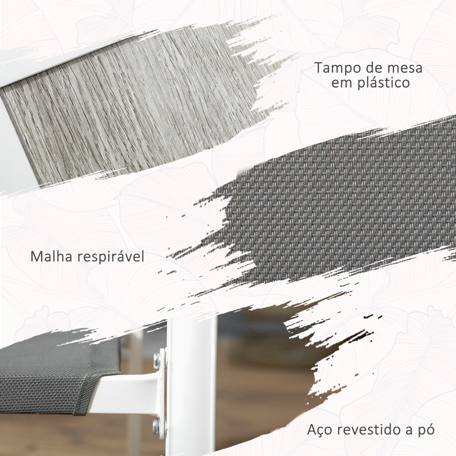 Conjunto de refeição de jardim de 7 peças com 1 mesa e 6 cadeiras empilháveis estilo moderno branco e cinza