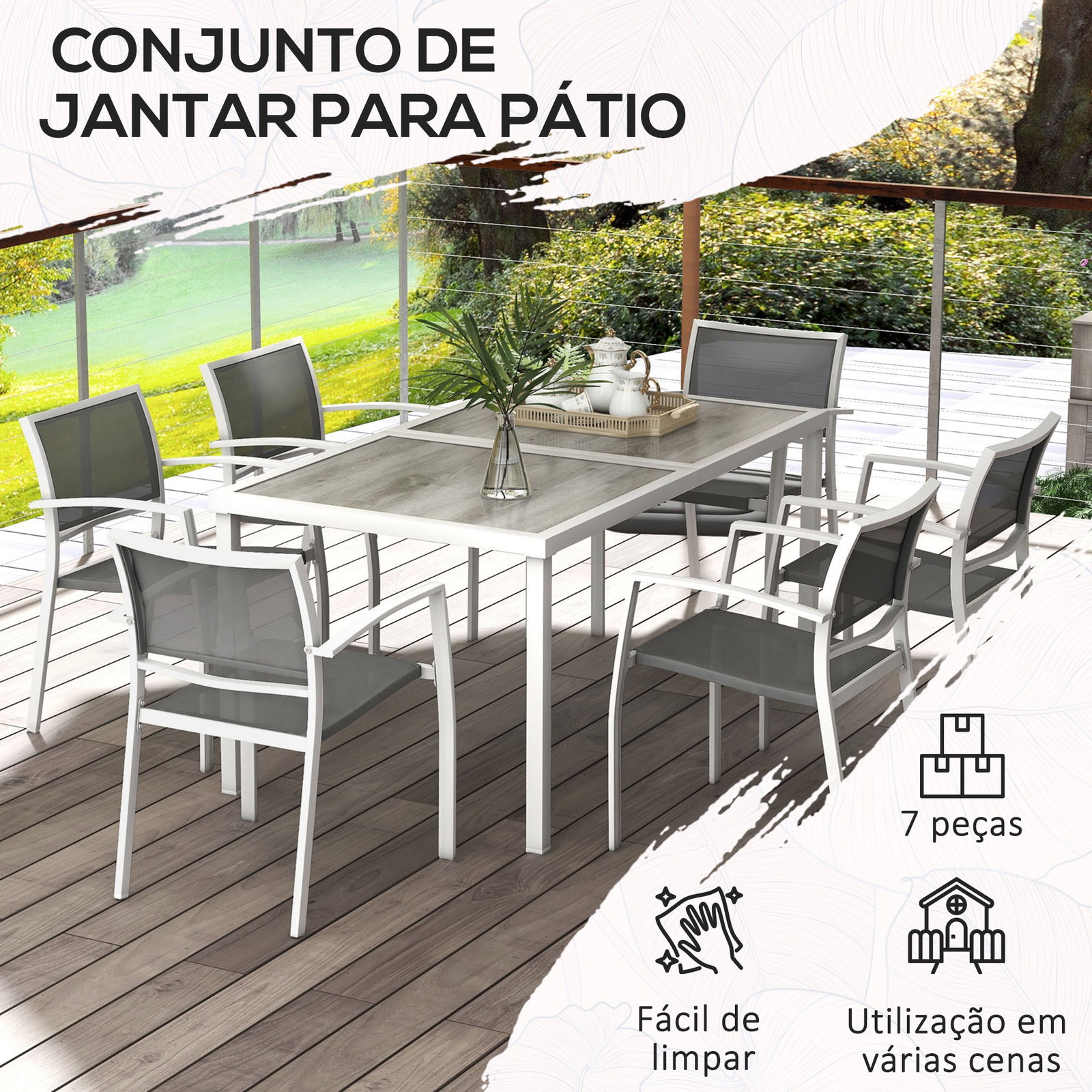 Conjunto de refeição de jardim de 7 peças com 1 mesa e 6 cadeiras empilháveis estilo moderno branco e cinza