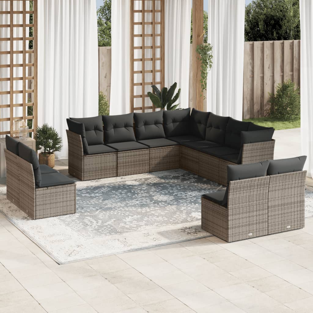 11 Pcs conjunto sofás de jardim c/ almofadões vime PE cinzento