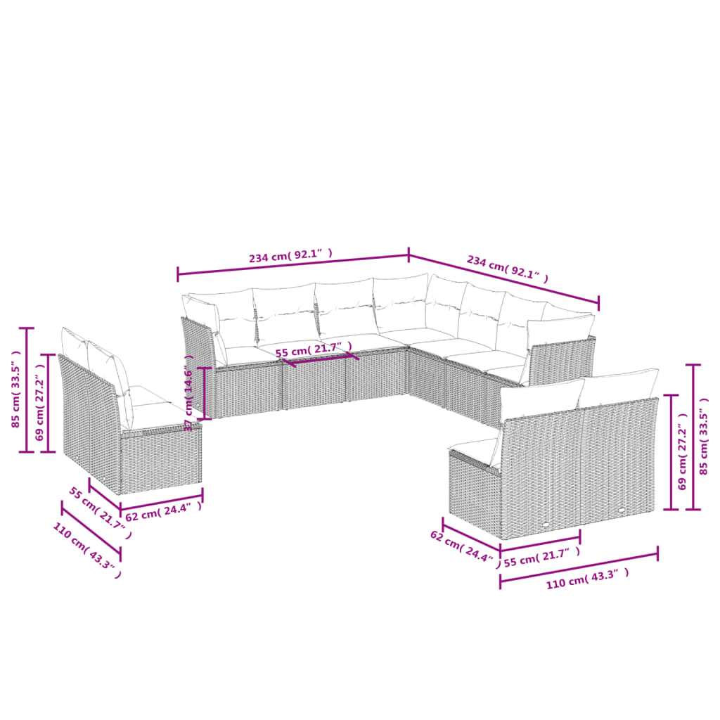 11 Pcs conjunto sofás de jardim c/ almofadões vime PE cinzento