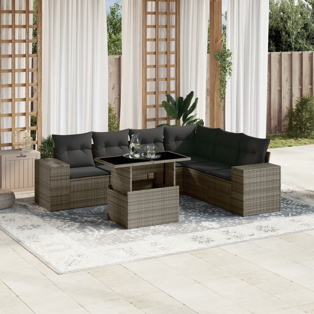 7 Pcs conjunto sofás p/ jardim c/ almofadões vime PE cinzento
