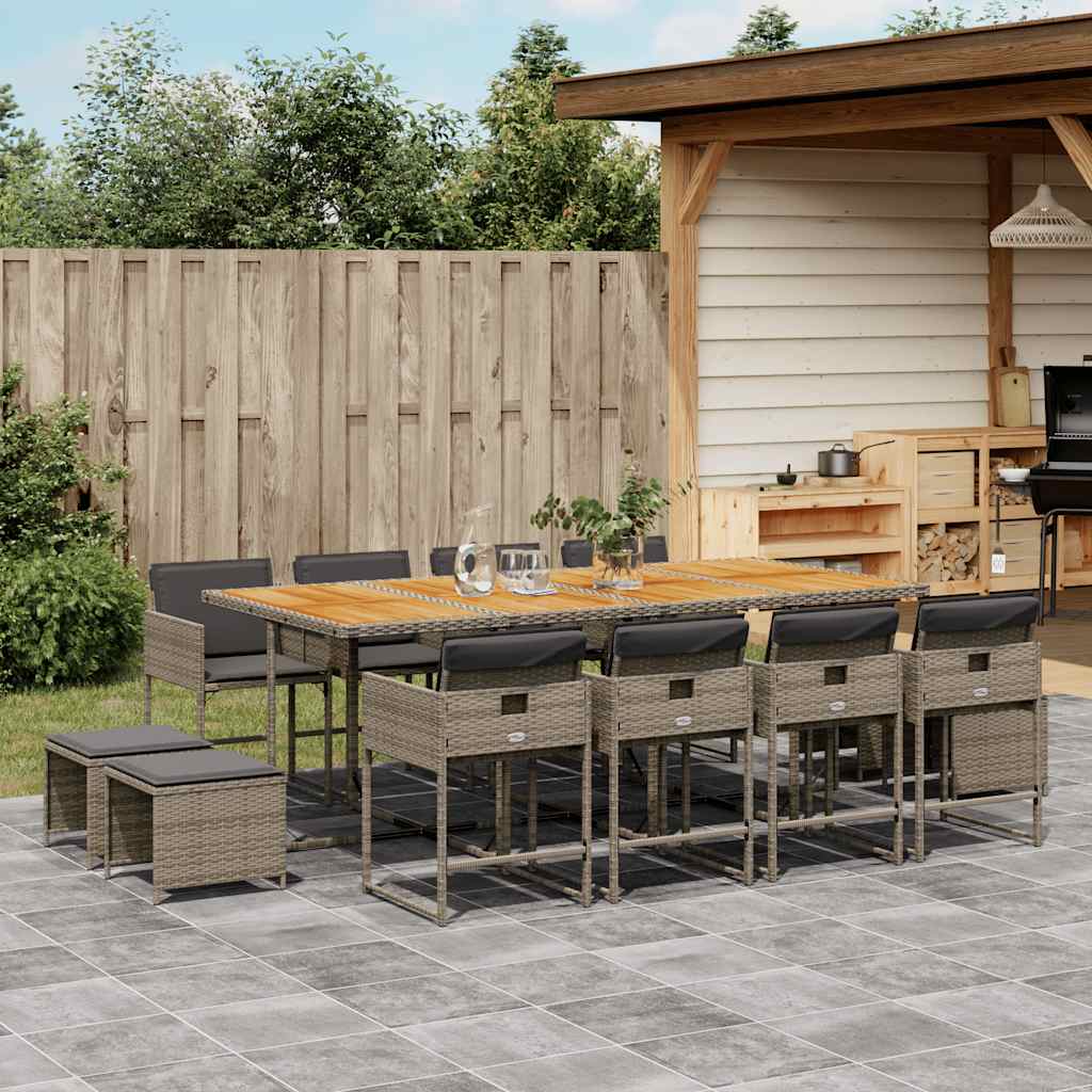 13 Pcs conjunto jantar p/ jardim c/ almofadões vime PE cinzento