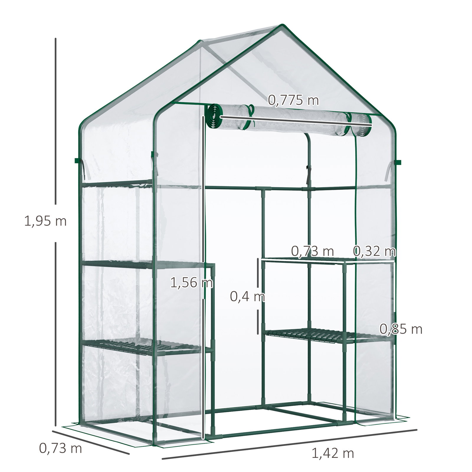 Estufa de Jardim com 4 Prateleiras Porta com Fecho de Correr para Cultivo de Plantas Flores Vegetais 142x73x195 cm Verde