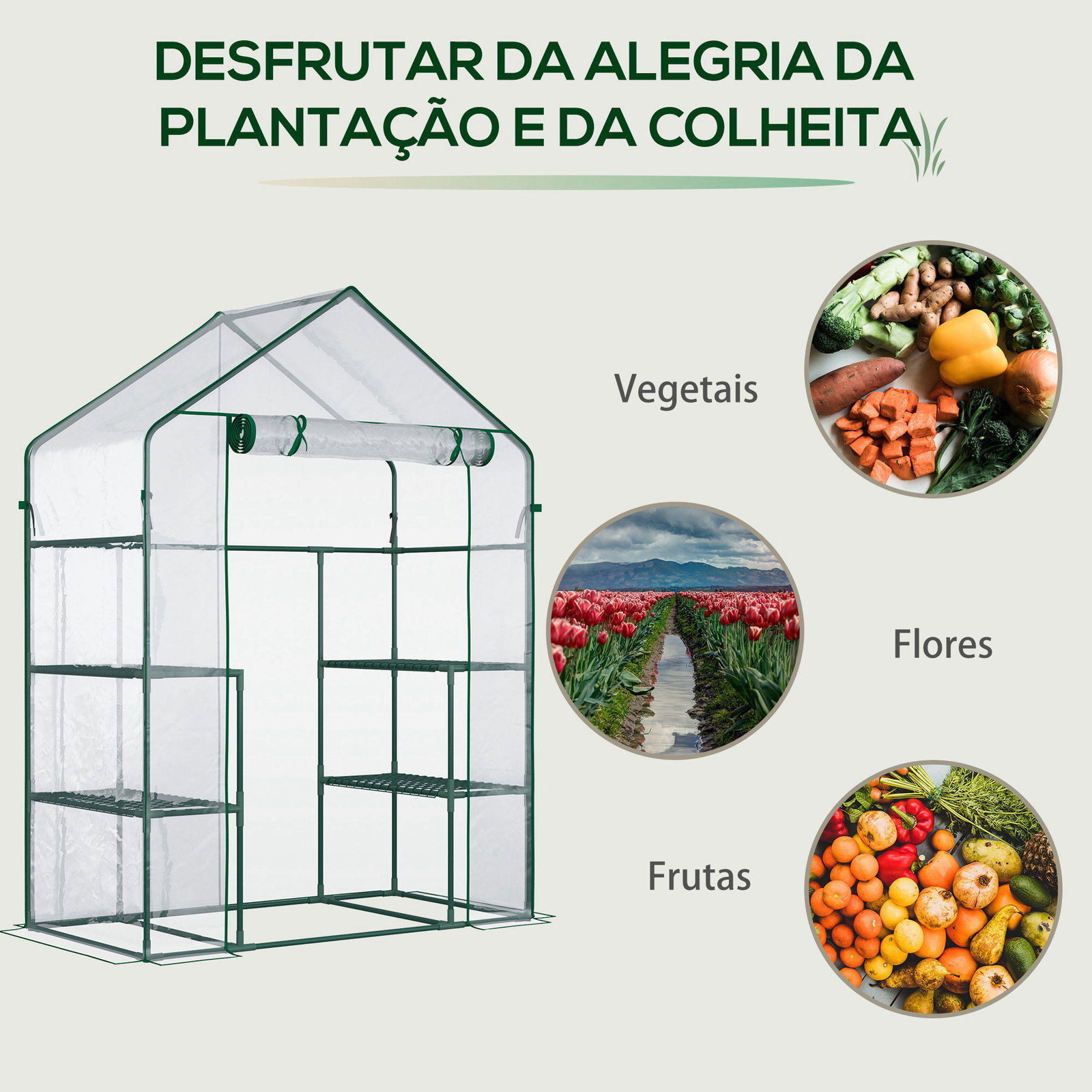 Estufa de Jardim com 4 Prateleiras Porta com Fecho de Correr para Cultivo de Plantas Flores Vegetais 142x73x195 cm Verde