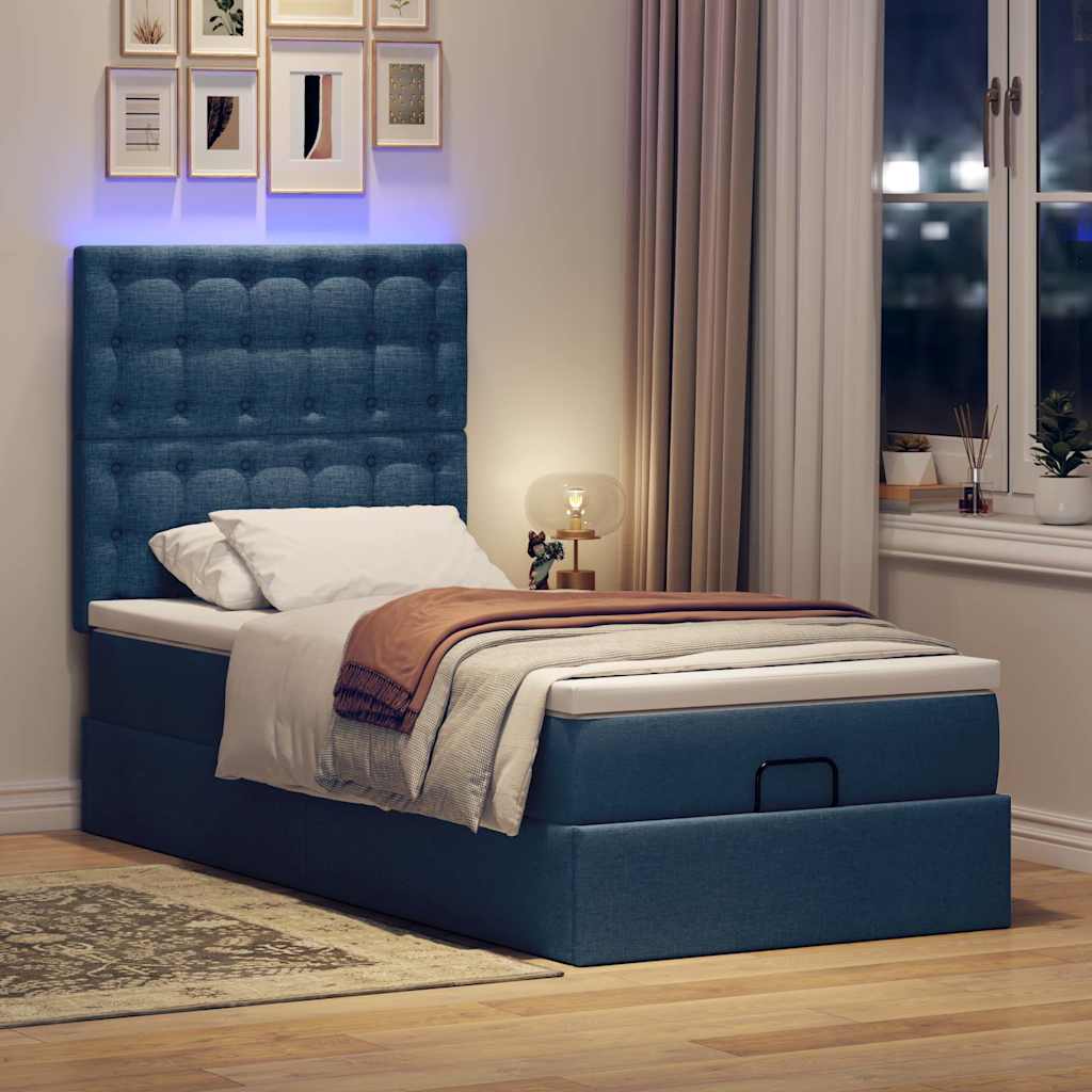 Cama otomana com colchão & leds tecido azul 100x200 cm