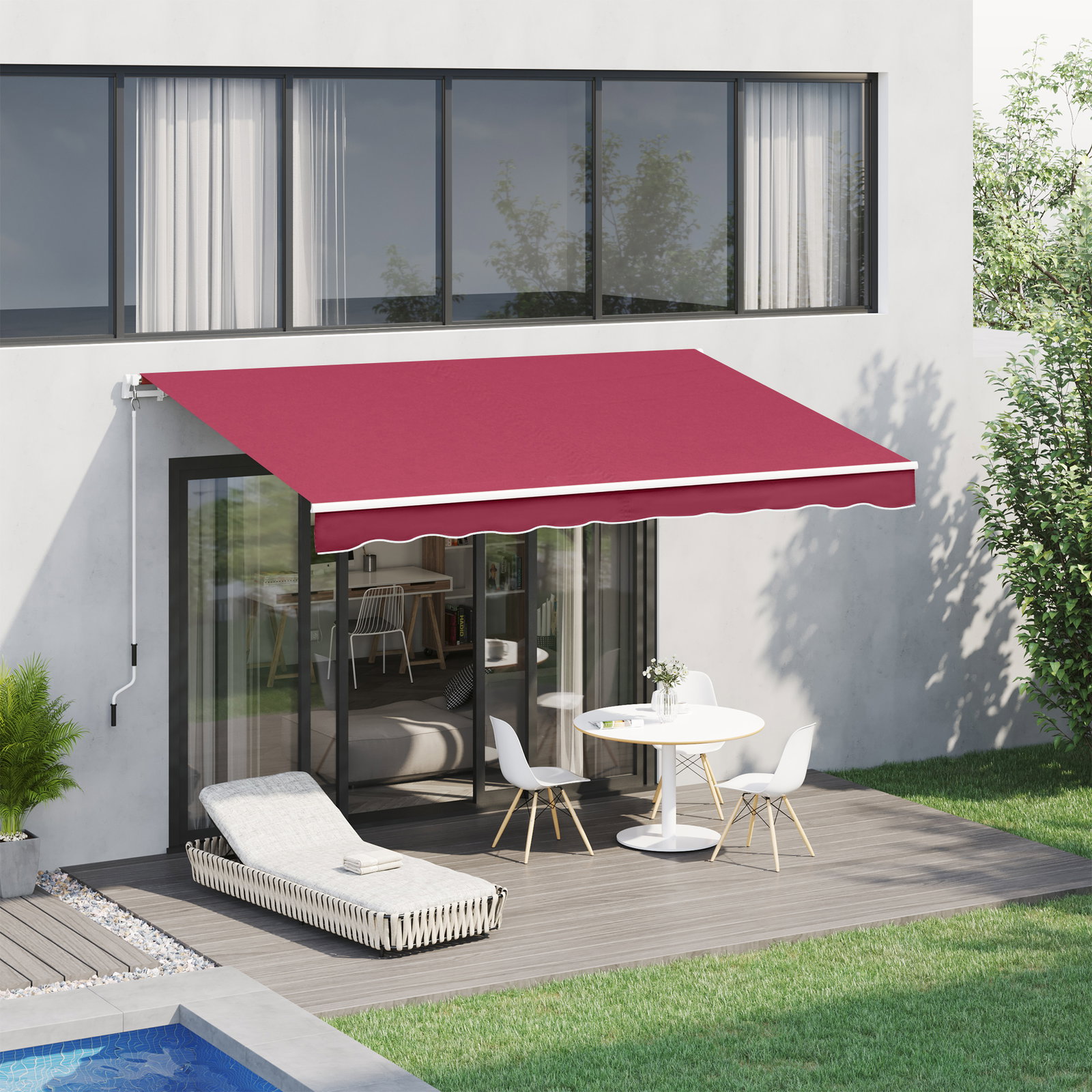 Toldo Manual 395x245 cm Toldo de Varanda Pátio com Manivela de Alumínio e Tecido de Poliéster 280 g/m² Vinho
