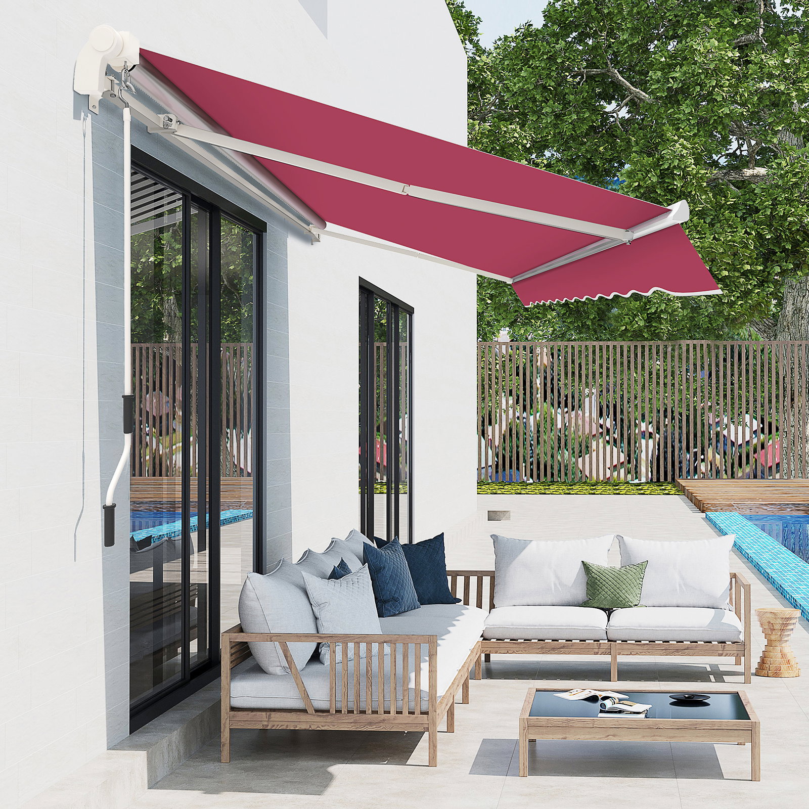 Toldo Manual 395x245 cm Toldo de Varanda Pátio com Manivela de Alumínio e Tecido de Poliéster 280 g/m² Vinho