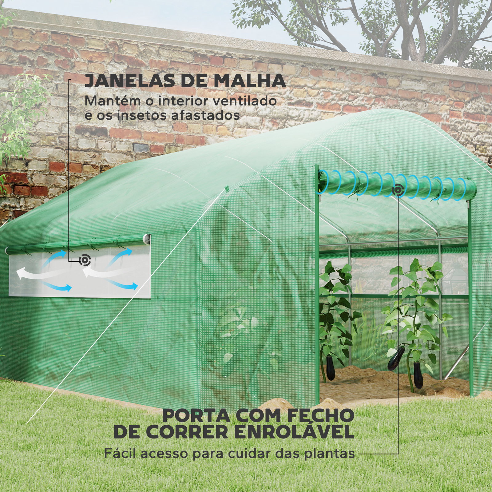 Estufa tipo túnel 4x3x2 m estufa de exterior com 2 janelas cobertura PE anti UV e 1 porta de enrolar com fecho de correr estufa para jardim pátio verde