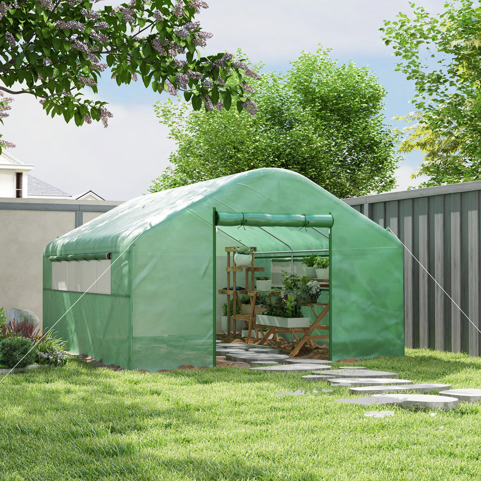 Estufa tipo túnel 4x3x2 m estufa de exterior com 2 janelas cobertura PE anti UV e 1 porta de enrolar com fecho de correr estufa para jardim pátio verde