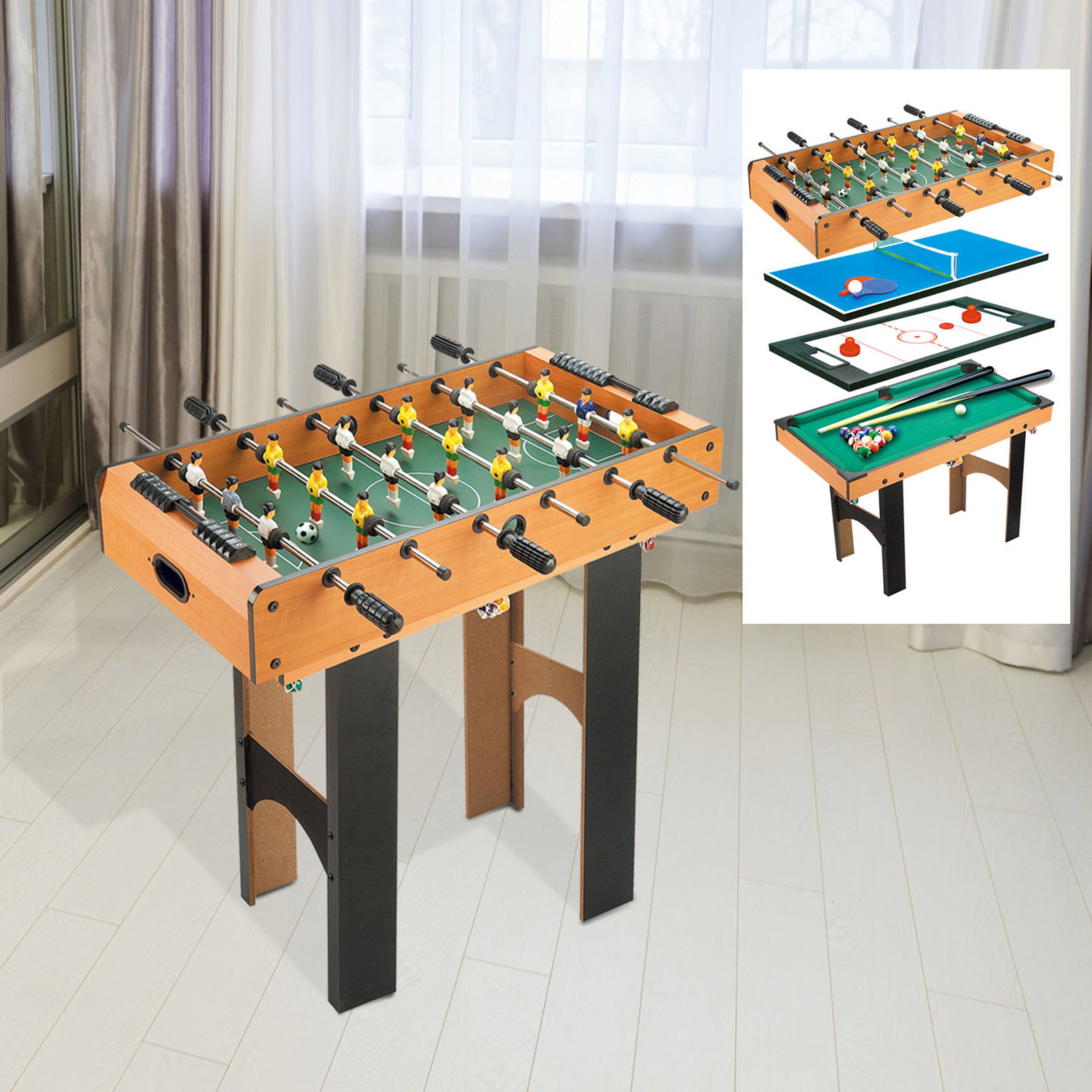 Mesa multi-jogos 4 em 1 matraquilho para crianças mesa de bilhar mesa de ping-pong e hóquei de mesa 87x43x73 cm madeira e preto