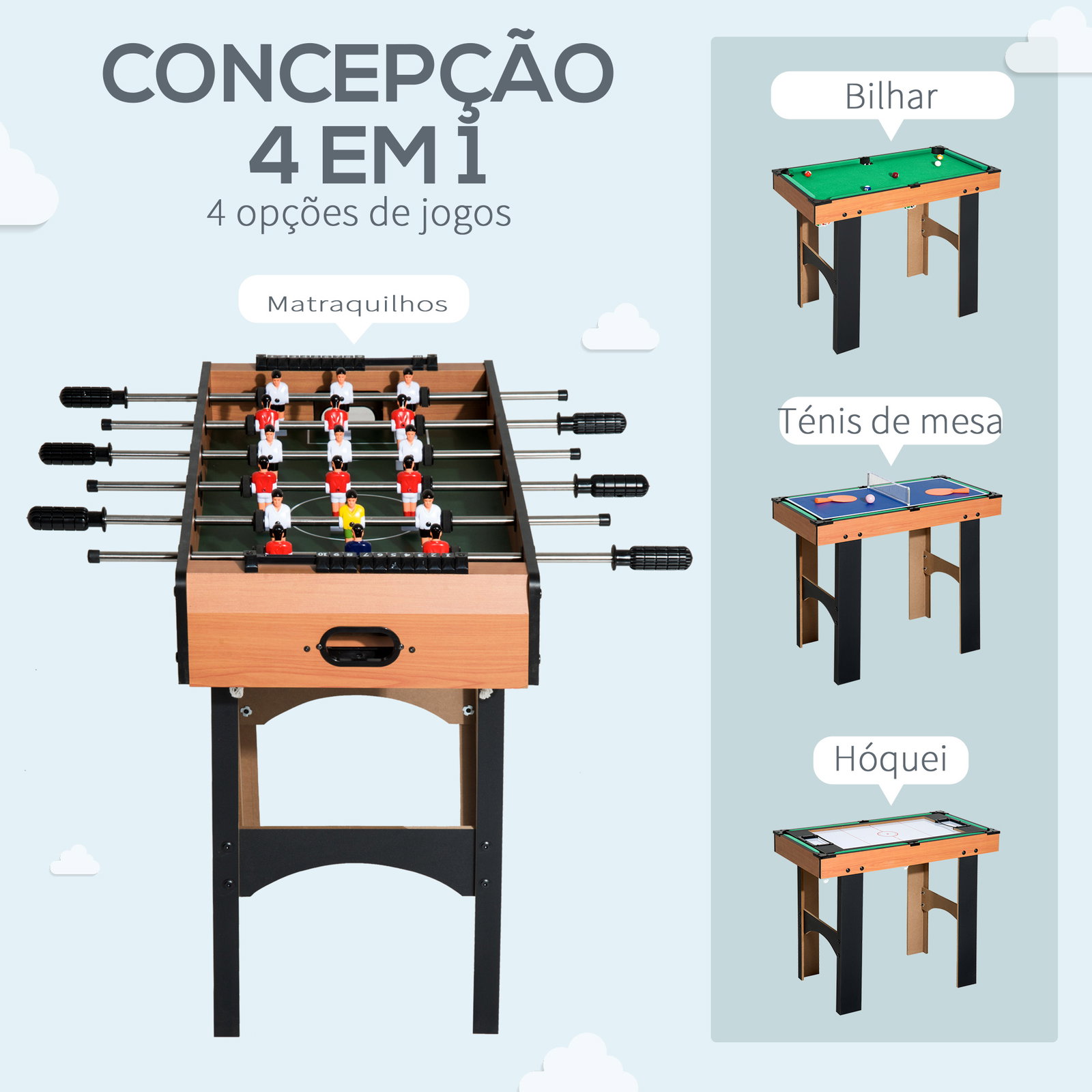 Mesa multi-jogos 4 em 1 matraquilho para crianças mesa de bilhar mesa de ping-pong e hóquei de mesa 87x43x73 cm madeira e preto