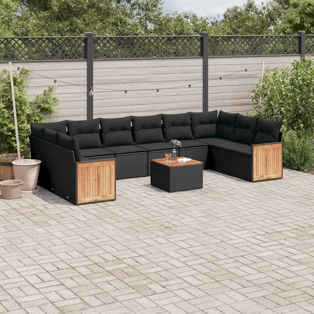 11 Pcs conjunto sofás de jardim c/ almofadões vime PE preto