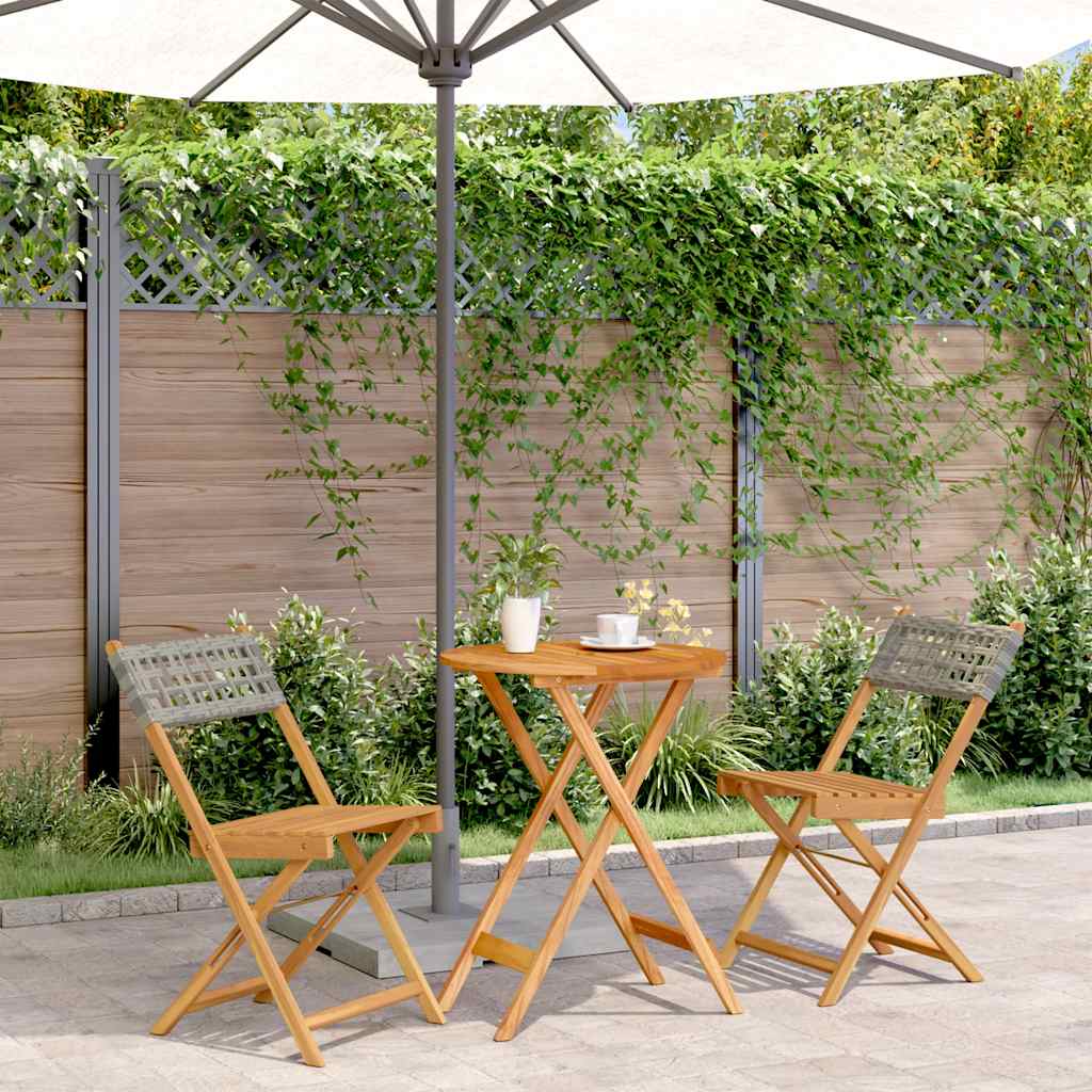3 Pcs conjunto de bistrô vime PE e madeira maciça cinzento