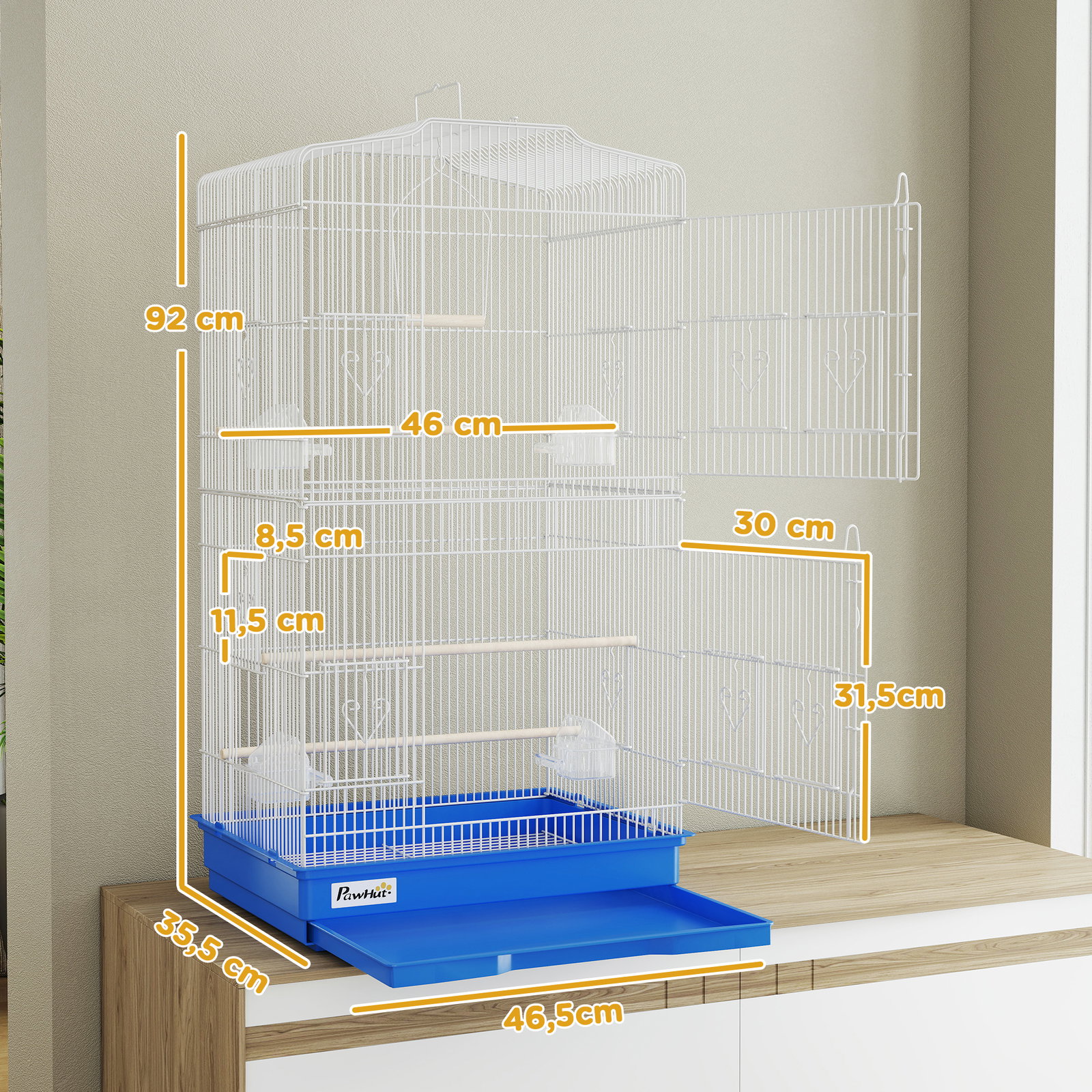 Gaiola para pássaros gaiola metálica com 4 tigelas de comida 3 poleiros baloiço e bandeja removível pega 46,5x35,5x92 cm azul