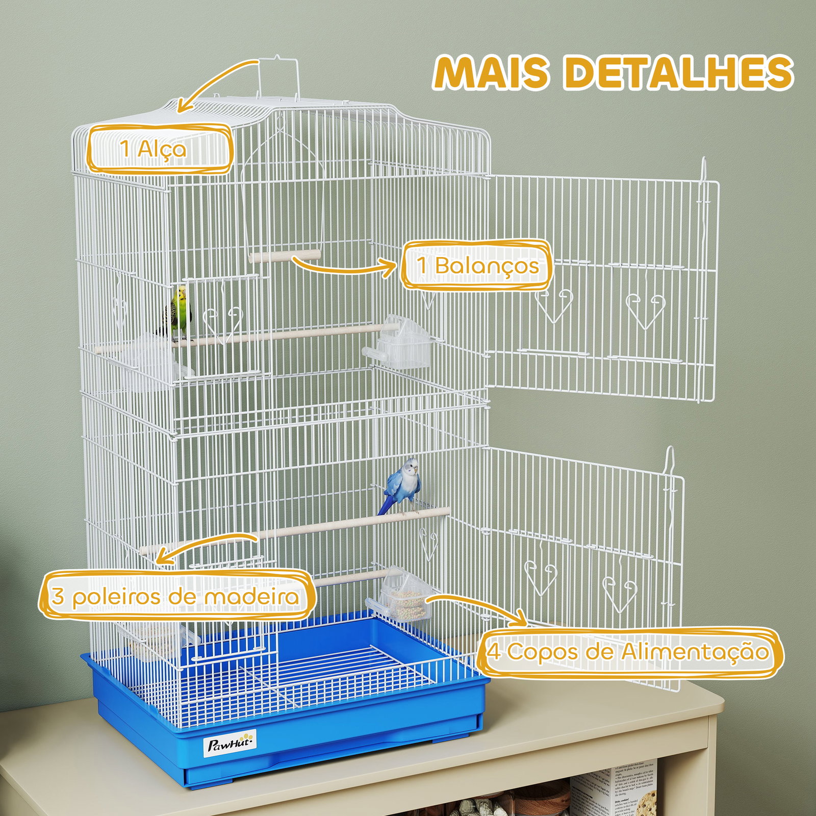 Gaiola para pássaros gaiola metálica com 4 tigelas de comida 3 poleiros baloiço e bandeja removível pega 46,5x35,5x92 cm azul