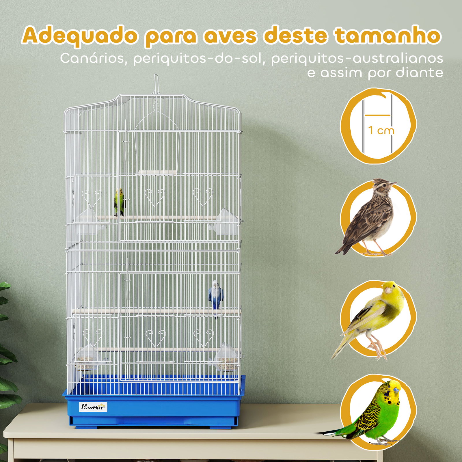 Gaiola para pássaros gaiola metálica com 4 tigelas de comida 3 poleiros baloiço e bandeja removível pega 46,5x35,5x92 cm azul